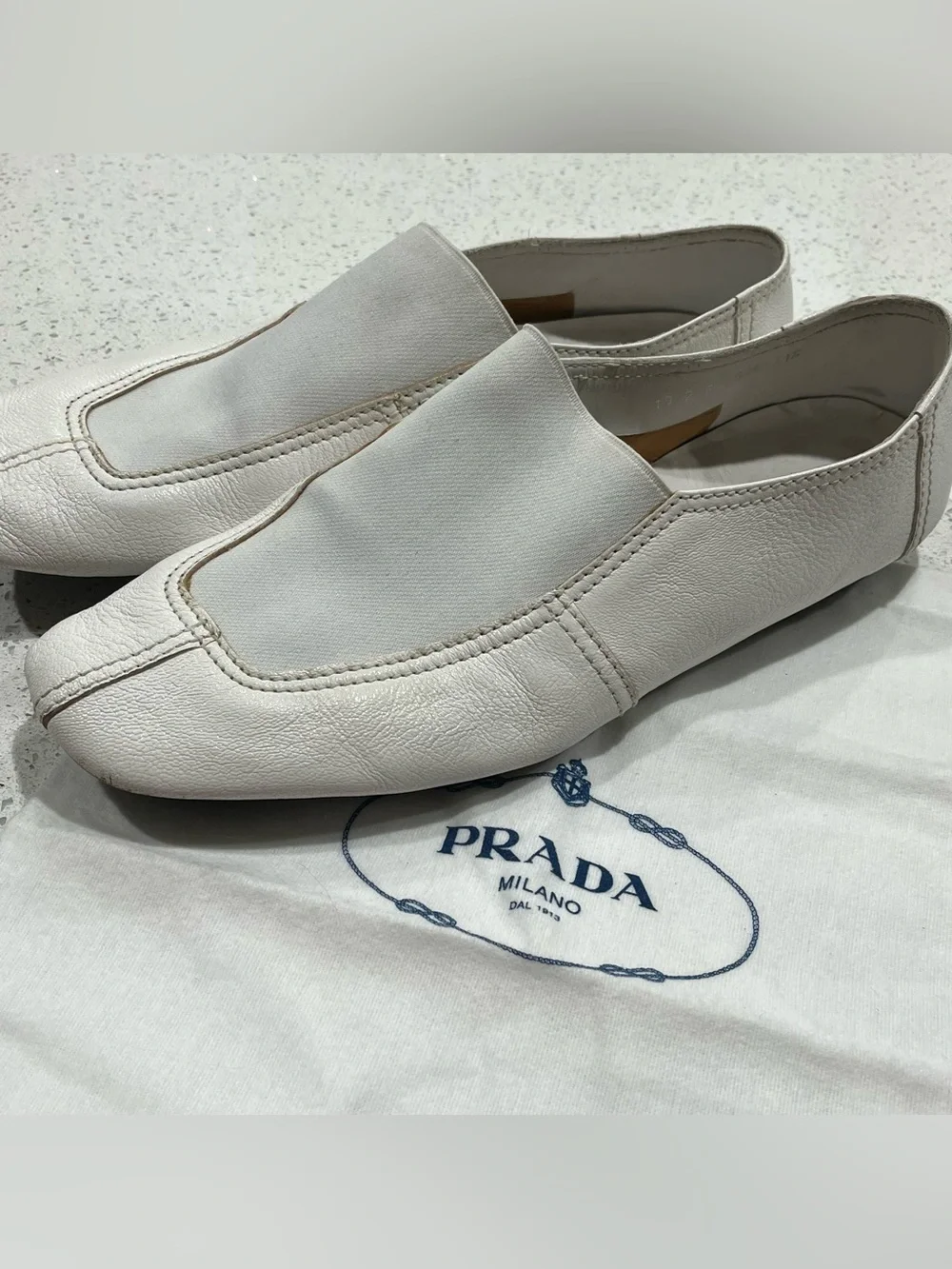 Mens Authentic Prada White Leather Square-toe Slip-ons W/elastic Vamp, SZ 11.5